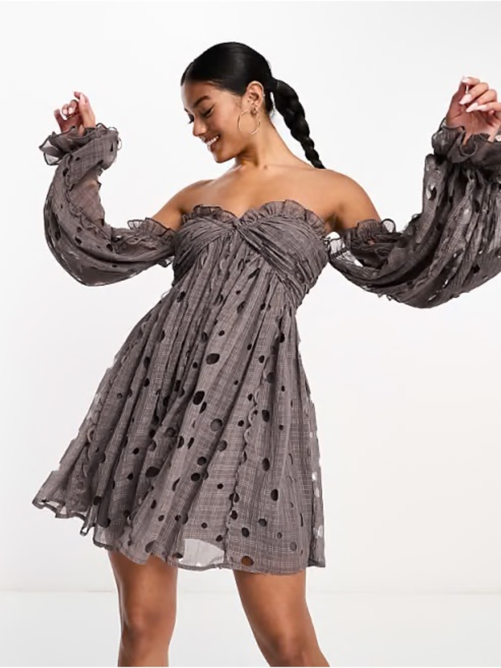 ASOS Design Mauve Burnout Dot Ruched Babydoll Mini Dress Size US 8 — Pre-Owned